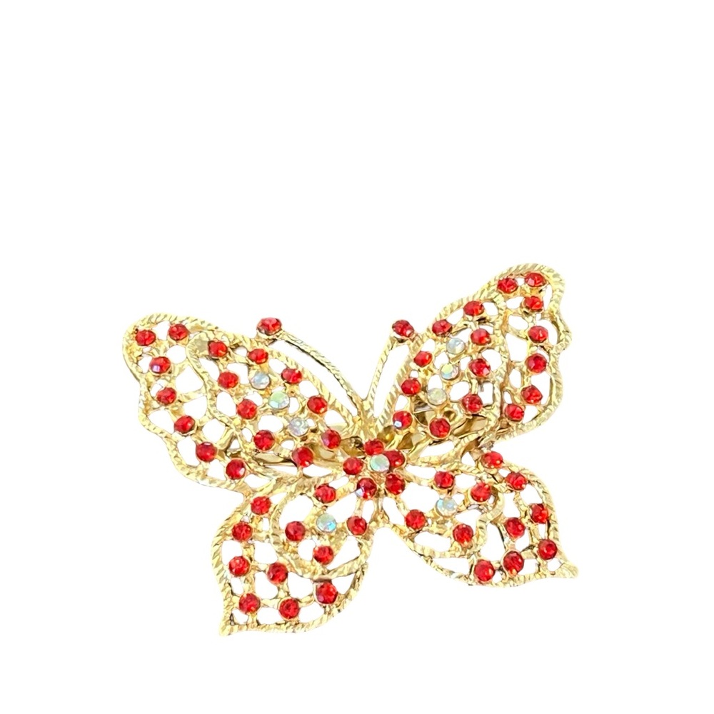 Gold Butterfly Brooch with Red Crystals - Women Jewelry
